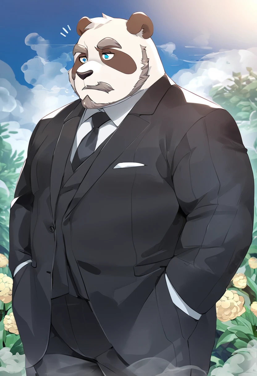 panda,personification,Mature male,Strong Man,beard,Cold expression,Blue pupils,Brown eyebrows,Black suit suit,Hands in pockets,The Age of Steam,garden。