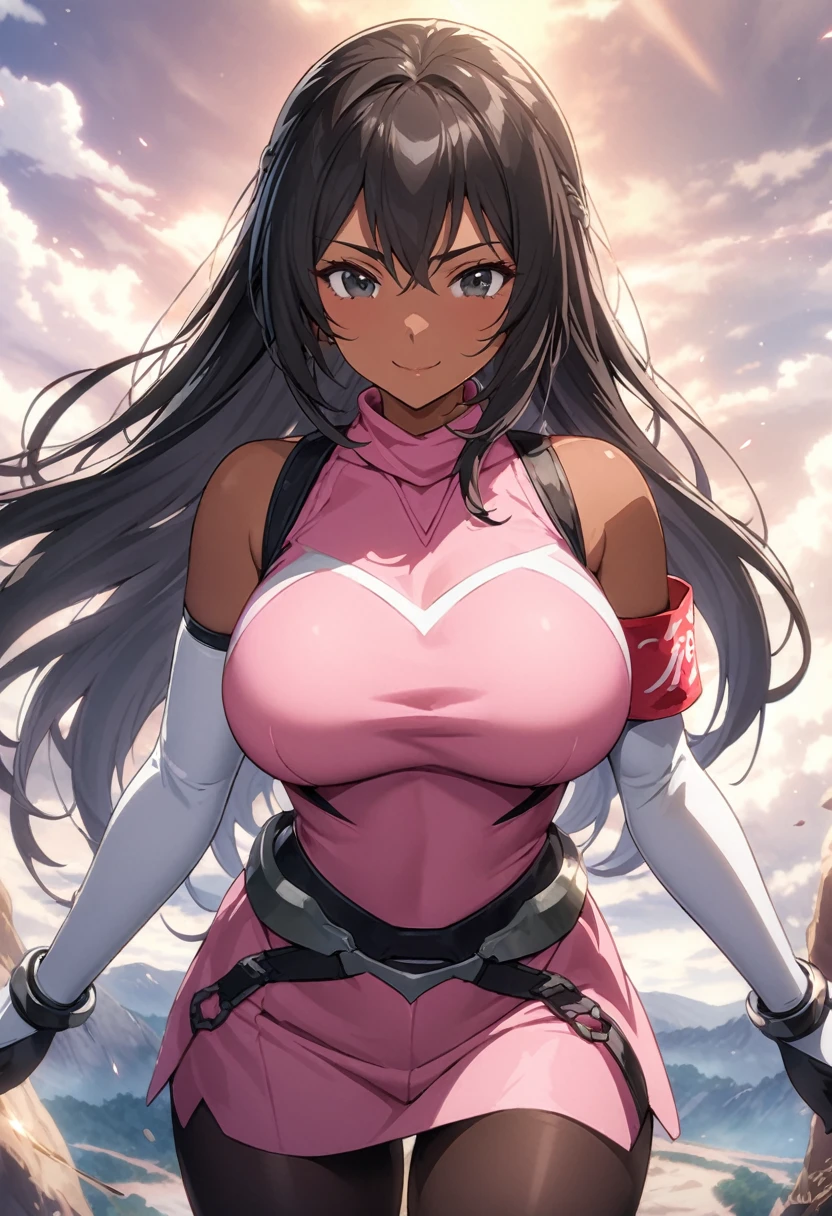 (masterpiece), (best quality), (Extremely detailed),Extremely detailed CG unity 8k wallpaper,Official Art,Expressive eyes,Solitary, (permanent, Arms at your sides, Smile 1.2), (1 Girl, Mature female, Large Breasts, Black Hair, Long hair, black eyes, Dark-skinned women), (Pink shirt, sleeveless, Tights, White Elbow Gloves, Jewelry, armband, Ajurna - First Ascent:1.3),Ashuna (destiny)