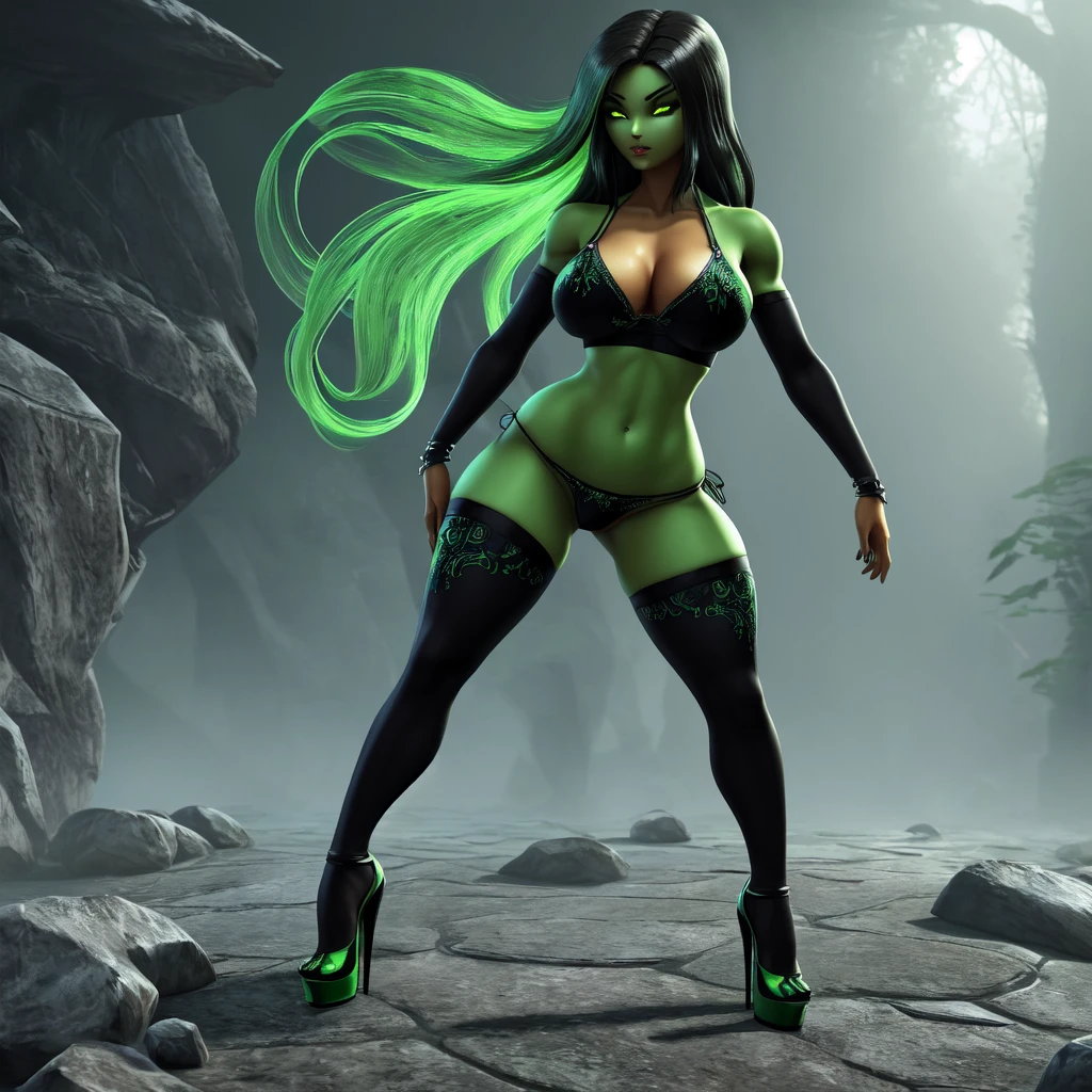 ((beautiful beauty, 3D двухмерный, perfect athletic figure with beautiful and hips, high heels, she is a game character and she is dressed only in a black bikini and black stockings, tanned killer girl, she has poisonous knives, she stands doggy sray room, very beautiful background of green poisonous oblaea)), ((ultra detailed down to the smallest detail, ultra graphics 8k, Best quality))