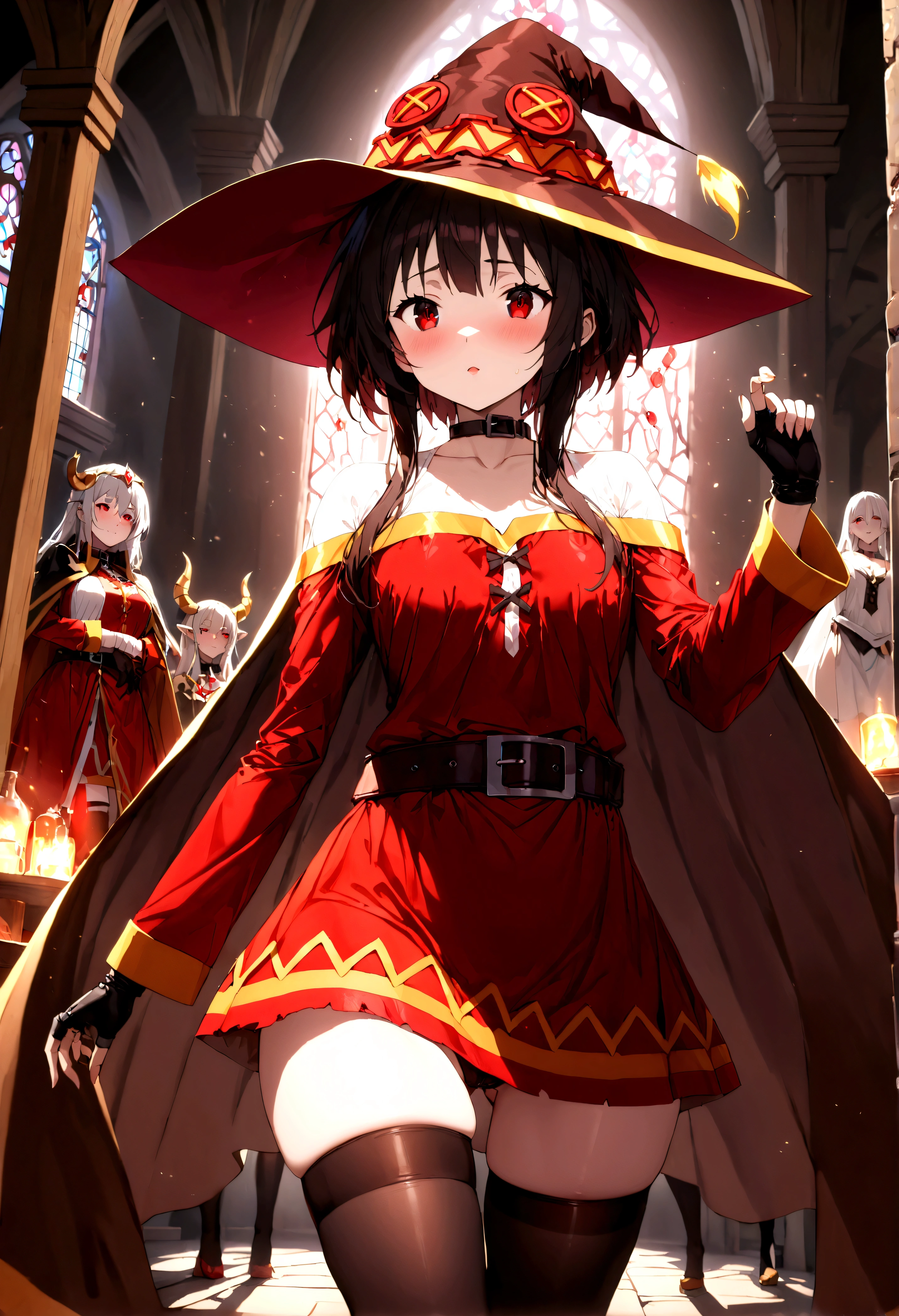 (highest quality:1.2, Very detailed, Latest, vibrant, super detail, Ultra-high resolution, High contrast, masterpiece:1.2, highest quality, best aesthetics, there is:0.9), alone, (1 female), /(Konosuba/), (Megumin), short hair, black hair, (red eyes:1.3), short hair with long locks, thighhighs, gloves, has, dress, Black gloves, belt, black thighhighs, fingerless gloves, cape, collar, witch has, Bandages, red dress, single thighhigh, asymmetrical legwear, bandaged leg, Dynamic Angle, Random Pause, Highly Detailed Face and Skin Texture, cowboy shot,Sexy photo of the most beautiful work of art in the world, illustration, cinematic light, Fancy, high resolution, Superior quality, ultra detailed, Best Quality, Masterpiece, (detailed face), sexy mature woman with shirt and full body (torn)  (transparent galaxy) screen shelter, floating fabric, meat , choker, bright (Fancy criminal para personas mayores) Forest plants with neon details, shoulders abiertos, pequeña mariposa bright, with a broken witch hat (focus on the body: 1,25  ), evening, small mutated animals in the background, torn miniskirt, a potion on the hip, shoulders, radiating magical energy, Camel leg, darkness, light reflection, ((32 year old woman)) , black underwear,（with sexy legs ）、（journey）、（supine）、Head with long black hair,love game,Forced orgasm,squirt, ecstasy, I play with the urethra, ((women&#39;s casual clothing ),(high quality, realist, ultra detailed),blood mage  ,dark and gloomy magical atmosphere,old church with biblical windows,beautiful woman with piercing red eyes,1woman surrounded by ethereal spirits and followers,((cult queen)),darkness eterna y profunda,penitent ghosts,group of humanoid spirits