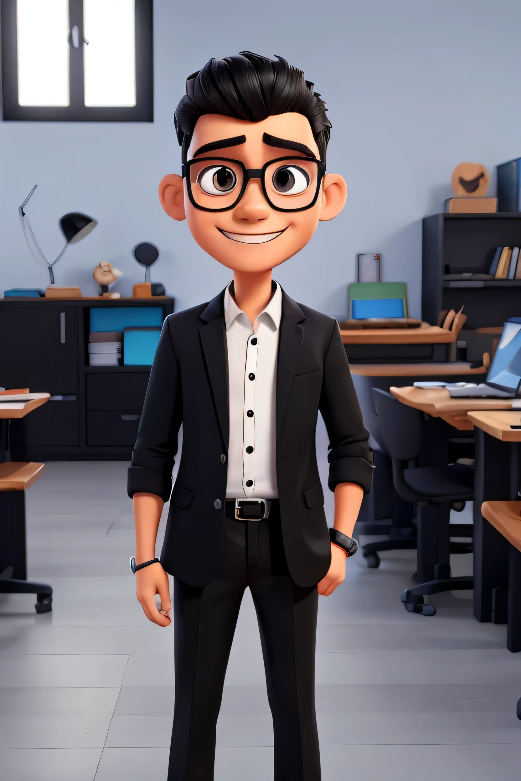 Create a friendly-looking human cartoon character, wearing a black shirt with the guarutec logo, and black pants. It must have a modern and professional style, with a friendly smile. Add colorful details that represent the brand (if applicable). The character may wear glasses and have an accessory such as a laptop or phone.