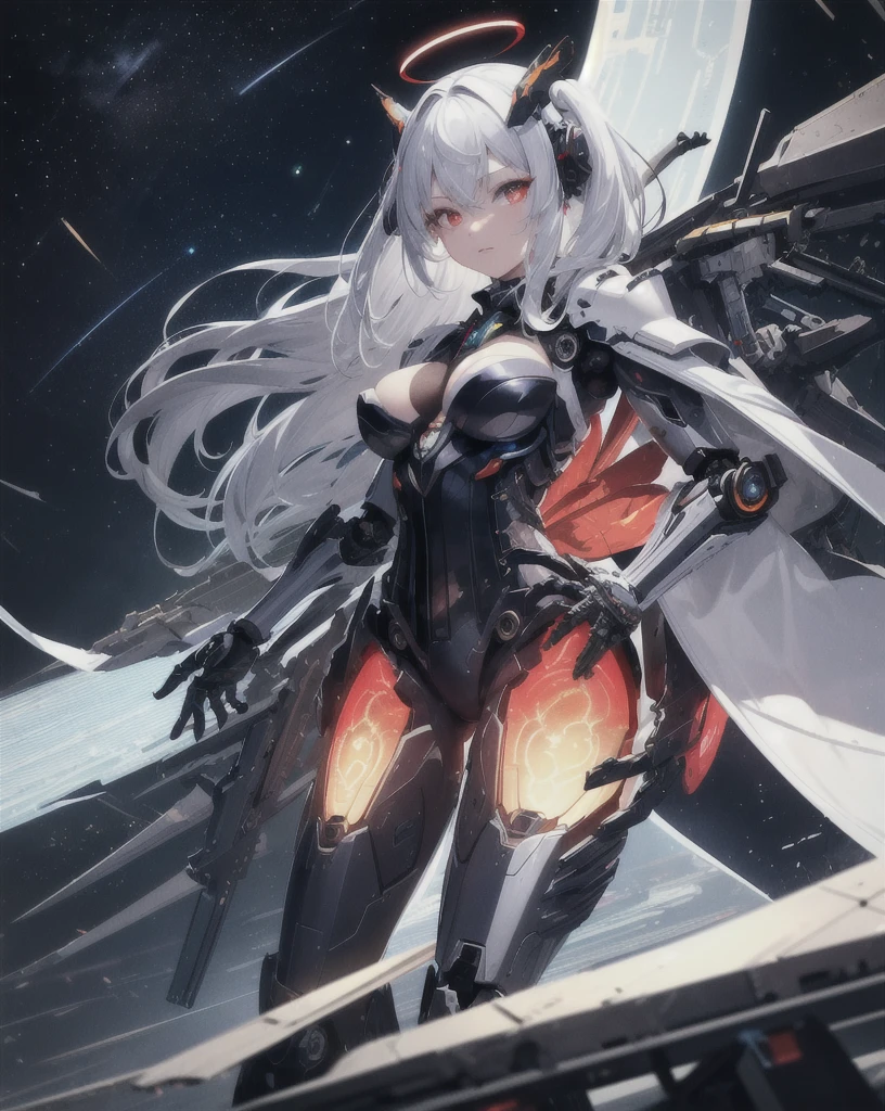 masterpiece,best quality,ultra-detailed,very detailed illustrations,extremely detailed,intricate details,highres,super complex details,extremely detailed 8k cg wallpaper,cowboy shot, caustics,reflection,ray tracing,demontheme,nebula,dark aura,cyber effect, (1girl:1.4),solo,alone,mecha musume,mechanical parts, robot joints,single mechanical arm, headgear, mechanical halo,star halo,intricate mechanical bodysuit, mecha corset, kimono, full armor, very long hair,white hair, hair between eyes, multicolored hair, colored inner hair, red eyes,glowing eye,eye trail, random expressions,random action, ancient japanese architecture,pond, starry sky,skyline,