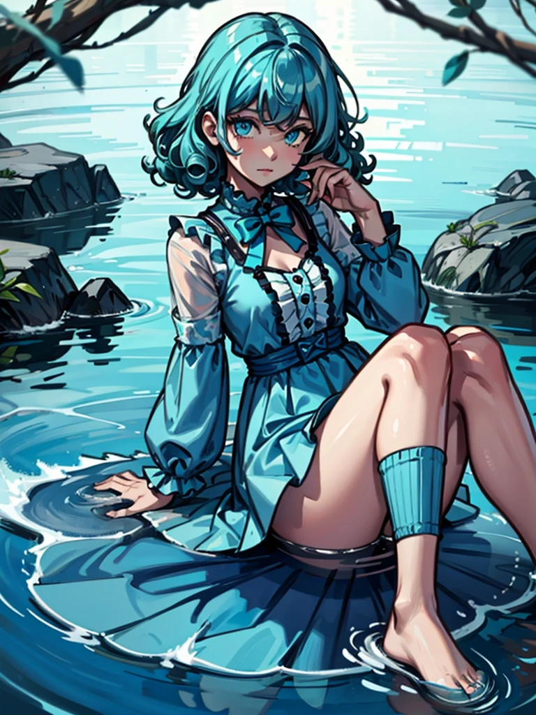 Girl,Cyan hair,curls,Water Element,Blue clothes,cute