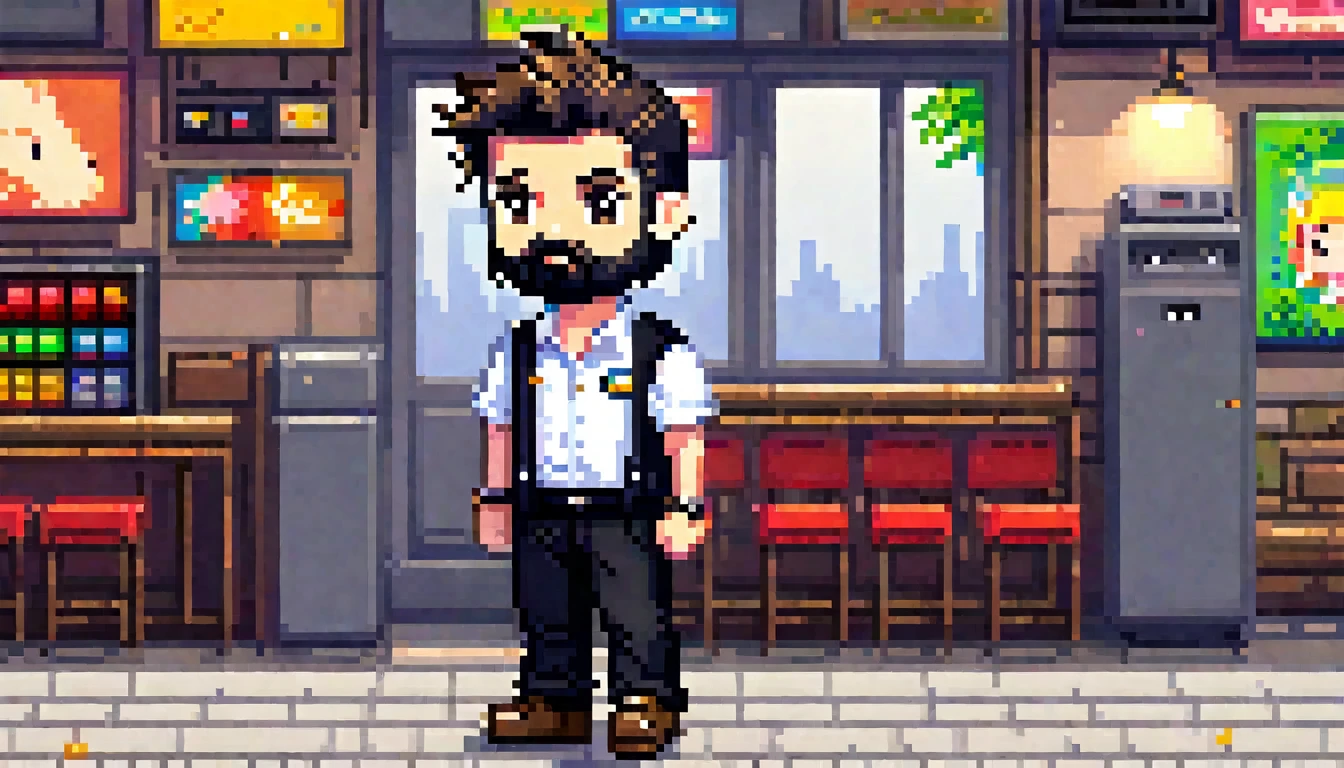 pixel art of a person, 8 bit game, character, cute! c4d, wearing: white shirt, black pant, beard