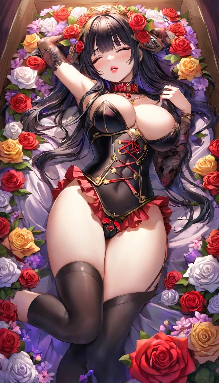 {{{{{16k}}}}}, {{{{{transforming a pure corpse girl into her facial rank and tits rose to the SSS rank of top-notch pretty actresses, She is laid on an coffin of flowers bouquets of flowers are stabbed all over her body and her body becomes more curvy, Her tits are about as erect as an even larger clitoris and her tits are about to float up with them, she is turned into a cutesy flower arrangements, She knows that if she sleeps she will lose her life but she cannot stop her sleep her eyelids grow heavy and the moment she is fully asleep the flower glows absorbs her life blooms more cutely and transforms her corpse into something lovely and capable of eternal necrophilia, Each time she was necrophiliac her tattoos increased the tattoos her waist and underbust became thinner, her breasts become even larger and deeper with cleavage, Her hair is replaced by a bang long glossy very Straight black hair, A young girl who was supposed to have died, but was injected with more and more female hormones and Reproduce as underbust and topbust firmness lasciviousness 18-years-old girl of the expression dyed in bewitching eroticism, She is fitted with a heart collar that puts people into eternal sleep which transforms her into a cute once-in-a-millennium narcotic flower arrangement that becomes her too-cute corpse}}}}},{{Extremely detailed}},{{{{{integrated her head pure small, All the fat from her limbs and waist will move to her swinging tits and slender limbs, She is in a normal position with her knees up and her crotch open, Enchanting Too thick and erotic lips, Her thickened lips shimmer with luster, A cutely girl's soul-draining white eyes}}}}},{{{{{Her tattoos spread all over her body with hallucinations, She is tattooed with lewd flowers on her neck, arms, lower abdomen, thighs, Flower piercings are attached all over her body, floral bill of offerings for her}}}}}