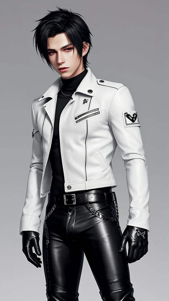 Final fantasy taste and reality graphics, Japanese young cute and cool ikemen  boy, his age is early 20s, thin eyebrows and beady eyes,  he wearing off white color leather very thick singlebrest biker jacket, with epaulet,  must close the front of the leather jacket, jacket is biker style, jacket is voluminous, , jacket collar is high length stand-up collar with two belts, jacket is a little black color line pattern,close the front of the jacket, also wearing black very thick turtleneck lackluster shirts,  tight black leather pants, shiny black leather tight and thin glove, black leather knee-high raceup boots,must views  head-to-toe,must views whole body, boy looks like fashion model,Do not show skin from the neck down,leather jacket leather glove and leather pants have few wrinkles,boy in the room,