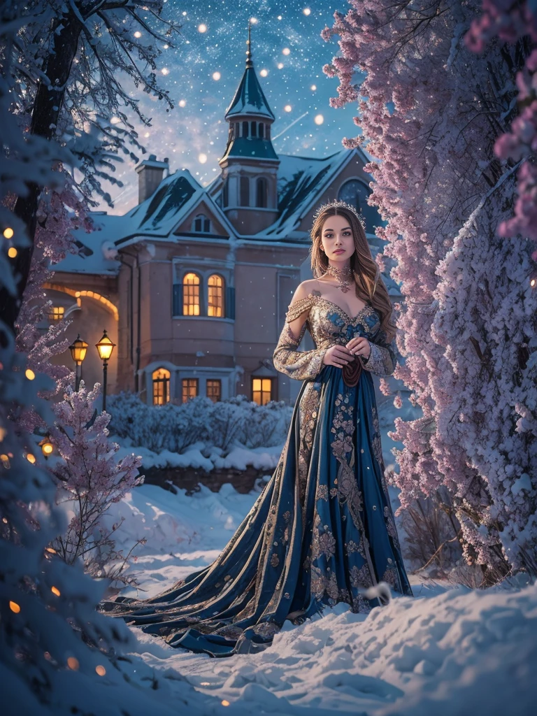 Beautiful European Girl, posing as December&#39;s girlfriend, age 23, with mesmerizing eyes, juicy lips, and a charming smile. She&#39;s surrounded in a frozen garden, winter starry night, Northern lights, Creating a scenic scene. Woman wearing glamorous outfit, which emphasizes its shape and gives the composition a touch of elegance.. The work is done in a realistic style., with exceptional attention to detail, demonstrating the intricate patterns on the girl&#39;s dress and the texture of frozen garden foliage.. Colors are bright and rich, with a warm color palette, creating a cozy winter atmosphere. The lighting is soft and diffused, casting gentle shadows on the girl’s face and emphasizing the beauty of the surroundings. Overall image quality is of the highest standards., with ultra-detailed rendering and sharp focus. It is a masterpiece, conveying the essence of the charm and beauty of December..