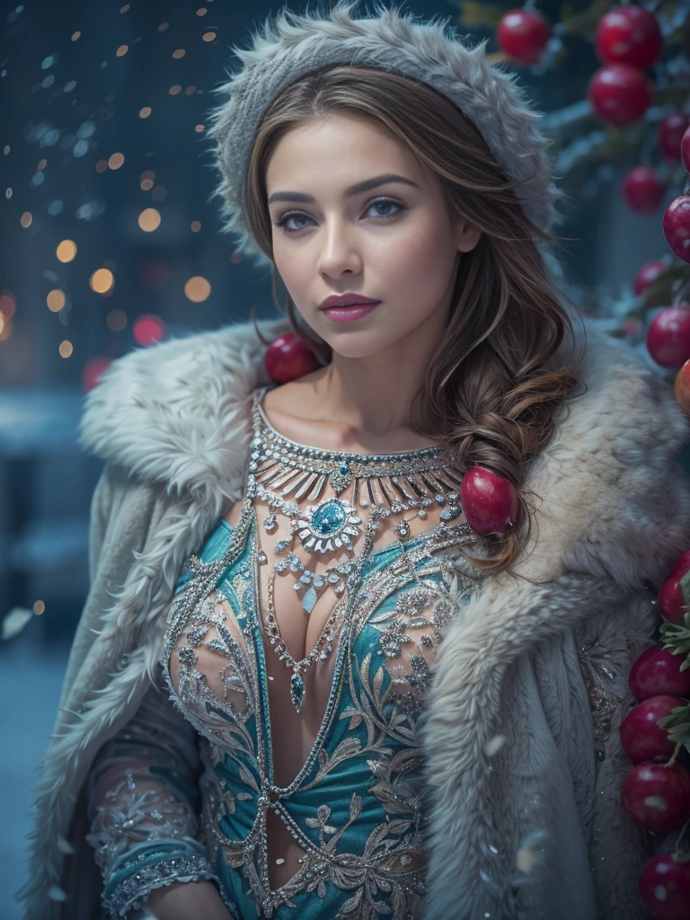 Beautiful European Girl, posing as December&#39;s girlfriend, age 23, with mesmerizing eyes, juicy lips, and a charming smile. She&#39;s surrounded in a frozen garden, winter starry night, Northern lights, Creating a scenic scene. Woman wearing glamorous outfit, which emphasizes its shape and gives the composition a touch of elegance.. The work is done in a realistic style., with exceptional attention to detail, demonstrating the intricate patterns on the girl&#39;s dress and the texture of frozen garden foliage.. Colors are bright and rich, with a warm color palette, creating a cozy winter atmosphere. The lighting is soft and diffused, casting gentle shadows on the girl’s face and emphasizing the beauty of the surroundings. Overall image quality is of the highest standards., with ultra-detailed rendering and sharp focus. It is a masterpiece, conveying the essence of the charm and beauty of December..