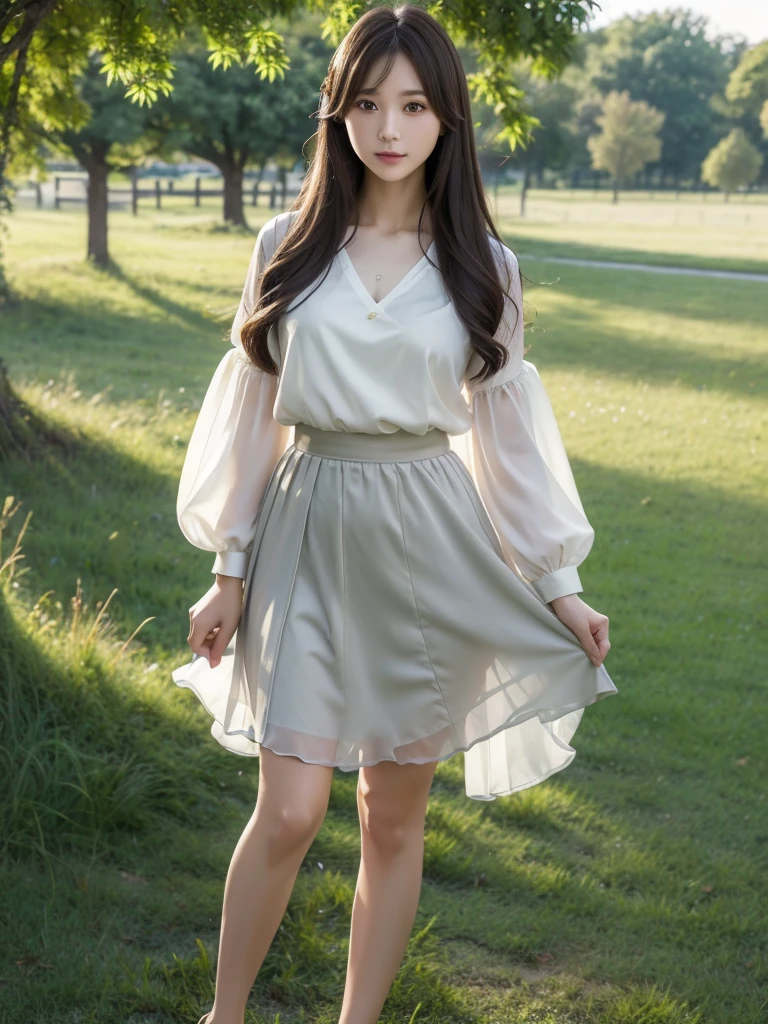 Wrap skirt 、Chiffon blouse、(Highest quality)、((Very detailed))、4K、(8K)、masterpiece、Very detailedな、Highest quality、Super Resolution、1 person、Kind Face、Soft Light、RAW quality、Soft Skin、163cm、30 years old、knees、grass