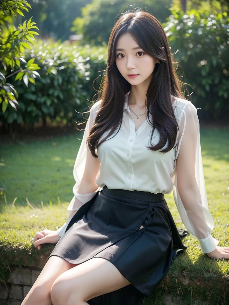 Wrap skirt 、Chiffon blouse、(Highest quality)、((Very detailed))、4K、(8K)、masterpiece、Very detailedな、Highest quality、Super Resolution、1 person、Kind Face、Soft Light、RAW quality、Soft Skin、163cm、30 years old、knees、grass