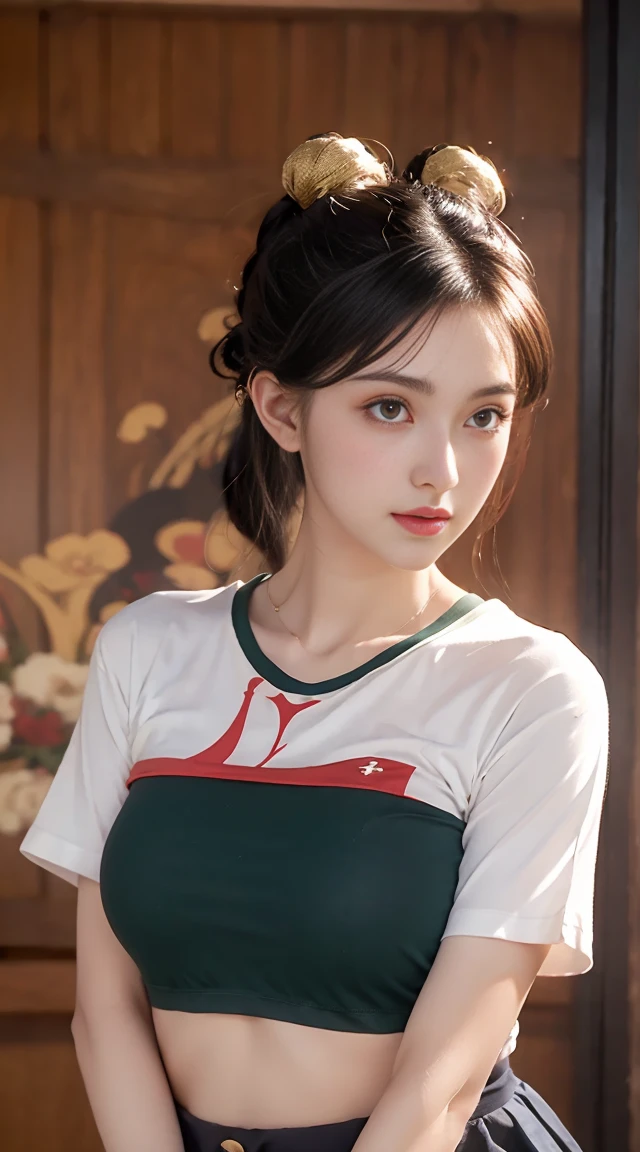 tmasterpiece，top Quority，（realisticlying，realisticlying：1.4），（RAW photos：1.2），Very delicate CG Unity 8K wallpaper，very delicate beautiful，Wonderful，Boxing pose，The attention to detail，offcial art，absurderes，Incredibly Ridiculous res，hugefilesize，Very fine，very refined，Beautiful eyes and face，Beautiful exquisite eyes，light in face，one-girl，pony tails，（pompons）nabel，A half body，PE uniform short sleeve crop top T-shirt，  Bare arms， By bangs，