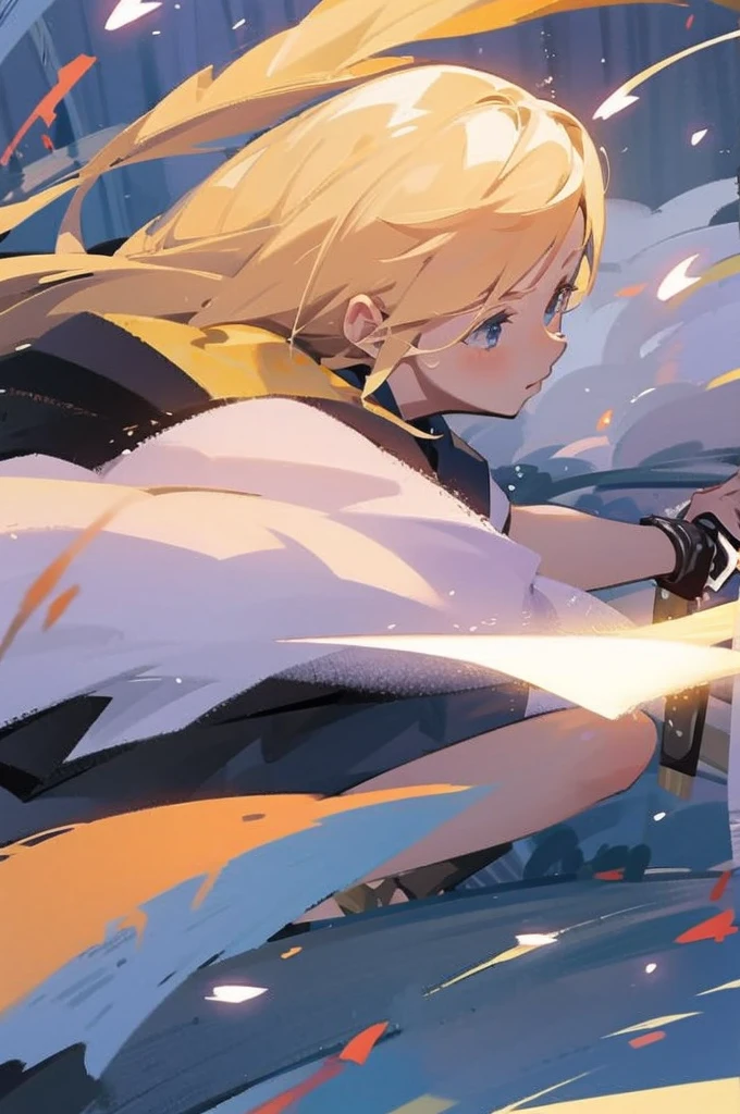 have a blonde waifu finishing an attack with a large samurai sword leaning forward and one leg forward too 