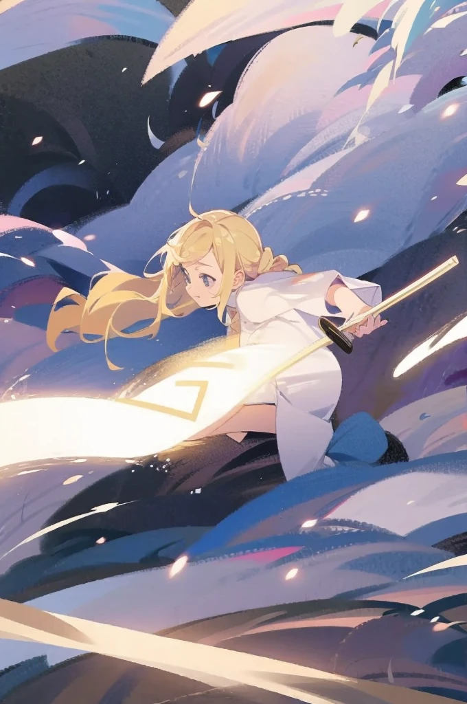 have a blonde waifu finishing an attack with a large samurai sword leaning forward and one leg forward too 