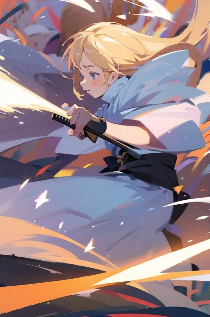 have a blonde waifu finishing an attack with a large samurai sword leaning forward and one leg forward too 