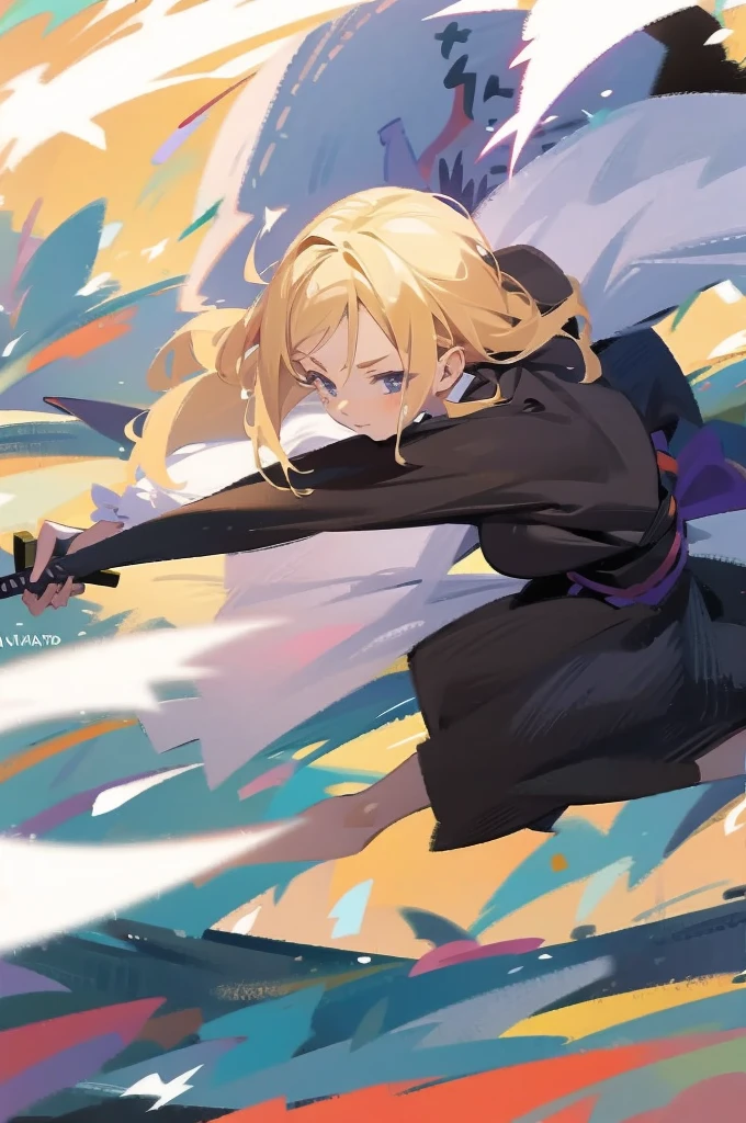 have a blonde waifu finishing an attack with a large samurai sword leaning forward and one leg forward too