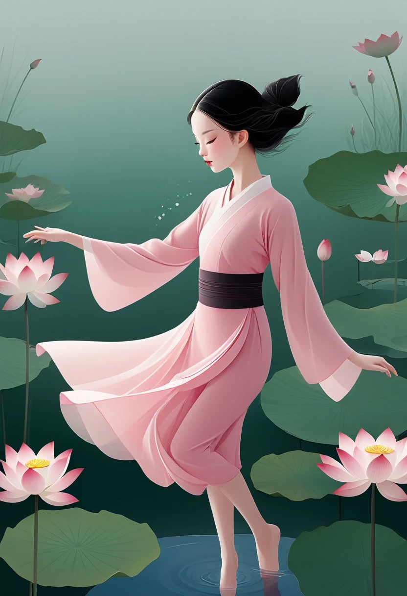 vector,Flat form,illustration,The Minimalists,数字艺术illustration,Pink hue,Abstract,artistic conception,Blooming,A girl,dancer;Pink clothing;Pretty Face,Black Hair,Hairpin;Lotus pond,Diving sensation,Lots of white space above。