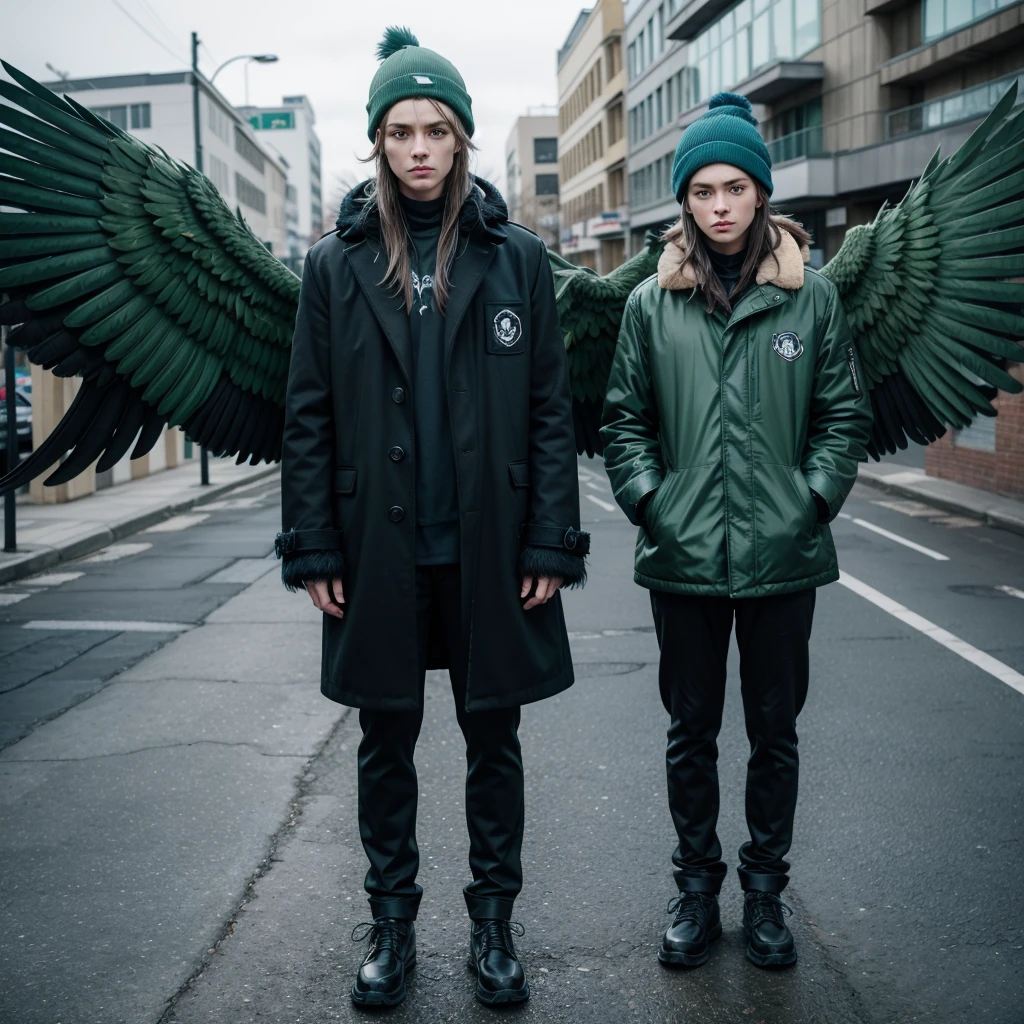 green bird with black coat, with blue pants, wings, shoes black, blue beanie, Messy hair, blue eyes and nervous face