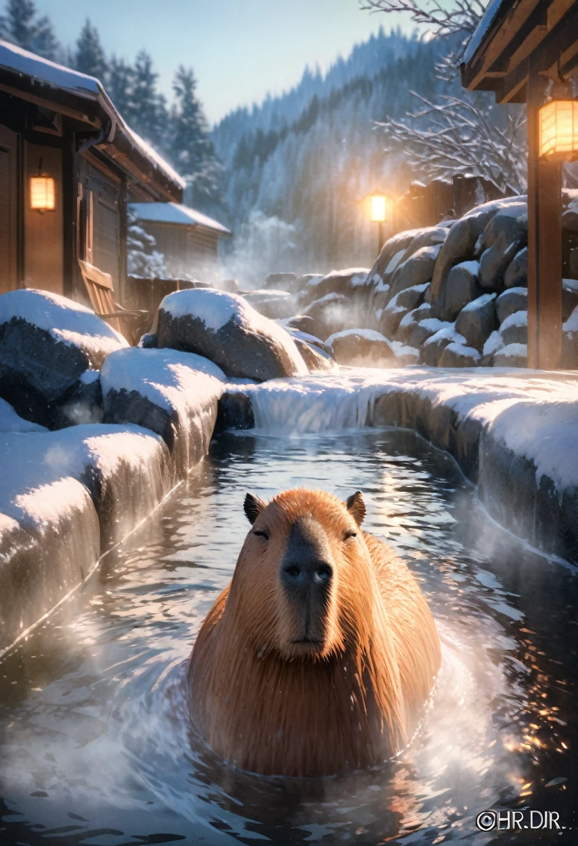 (best quality,8k,highres, masterpiece:1.2), ultra-detailed, HDR, UHD, studio lighting, ultra-fine painting, sharp focus, physically-based rendering, extreme detail description, professional, vivid colors, bokeh, portraits, concept artists, warm color palette, dramatic lighting,no humans,Japan open-air bath,one capybara is bathed in abundant boiling water in an open-air bath surrounded by rocks, steam, snow is piled up around it, capybara with closed eyes, detailed snow scene, steam is on top of the open-air bath,