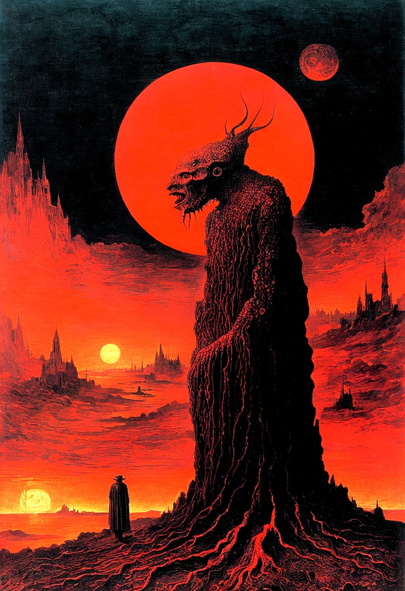 Mythical creatures, author：Zdzislaw Beksiński and Vincent Van Gogh, Album cover, romantic, Surrealism, Futuristic ,Satan, Coral, Wizard, Abstracted, dark, Red/Black, hell, landscape