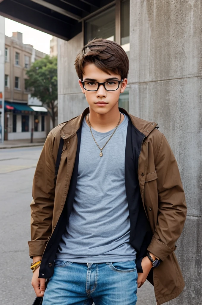 "Generate an image of a boy with a smart appearance, wearing trendy glasses and a casual but stylish outfit.