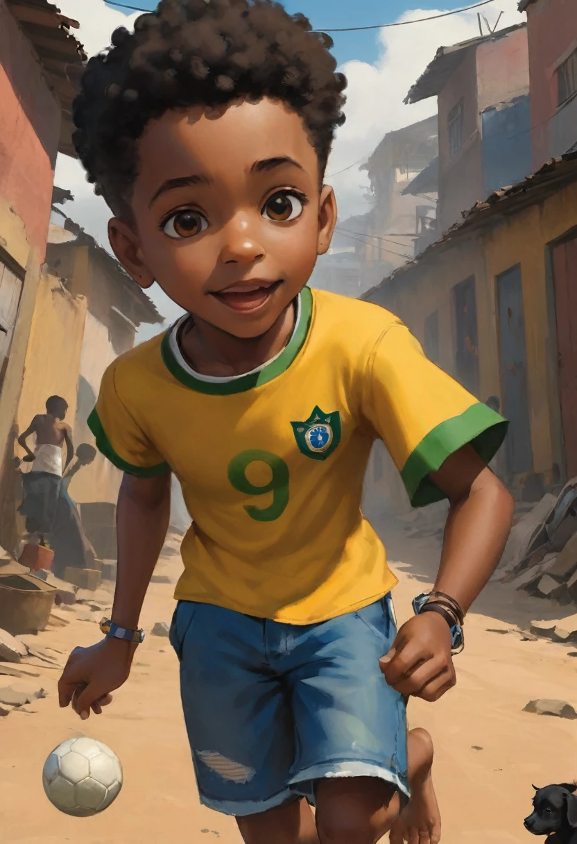 A poor Afro-Brazilian boy in a favela of Porto Alegre Rio Grande do Sul Brazil drawn by Todd McFarlane and Greg Capullo, he is wearing old and torn clothes, his shirt is yellow, he is kicking a soccer ball and playing with his little dog, a favela in the background, Robert Downey Jr Reference.., engine unreal, octane rendering, por Jacob Lawrence e Francis picabia, perfect composition, beautiful detailed intricate insanely detailed octane rendering trending on artstation, 8k art photography, photorrealistic concept art, soft natural volumetric cinematic perfect light, Bright dark, rewarded photography, artwork, oil on canvas, rafael, caravaggio, Greg Rutkowski, beetle, Beksinski, giger, beautiful perfect face with perfect face, a smile on the face with two large central incisors, the detail, highy detailed, photo realist