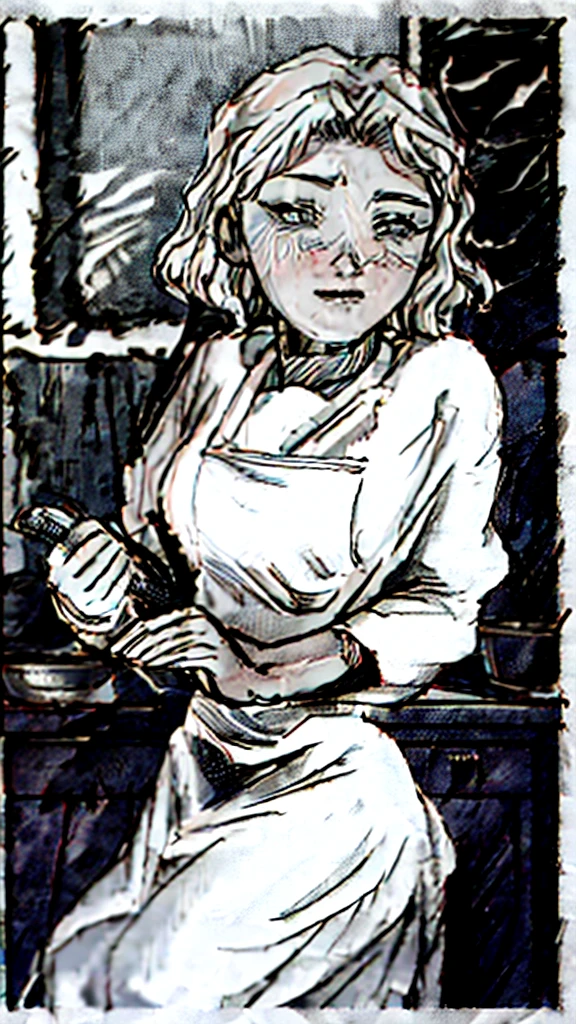 Comic style, An image of a busty chef, blonde bob hair, gorgeous, in a kitchen, dawn lights, bloom, (detailed skin complexion:1.2), best quality, deep color, complex shading effect, ambient occlusion, highly detailed textures