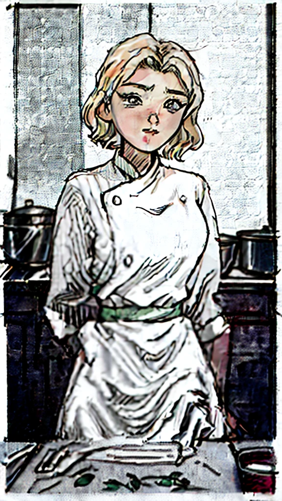 Comic style, An image of a busty chef, blonde bob hair, gorgeous, in a kitchen, dawn lights, bloom, (detailed skin complexion:1.2), best quality, deep color, complex shading effect, ambient occlusion, highly detailed textures