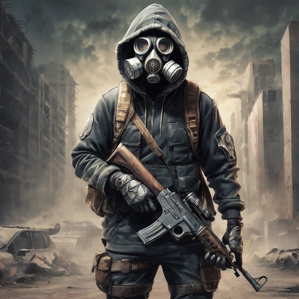 Gripping, high-quality artwork of a (rugged survivor:1.2) in a (post-apocalyptic:1.2) wasteland, wearing a (sturdy gas mask:1.1) and (vibrant hazmat suit:1.2) that pops with color against the (desolate, barren:1.1) landscape. The artwork features a (ruined city:1.1) with (scorched earth:1.1) and (toxic air:1.1), by artist Weta Workshop, on a digital canvas using Photoshop, with (bold, gritty lines:1.1), and (moody, atmospheric shading:1.1). The man's appearance is (gritty:1.1) and (tough:1.1), his clothing worn and tattered from years of survival in the harsh environment
