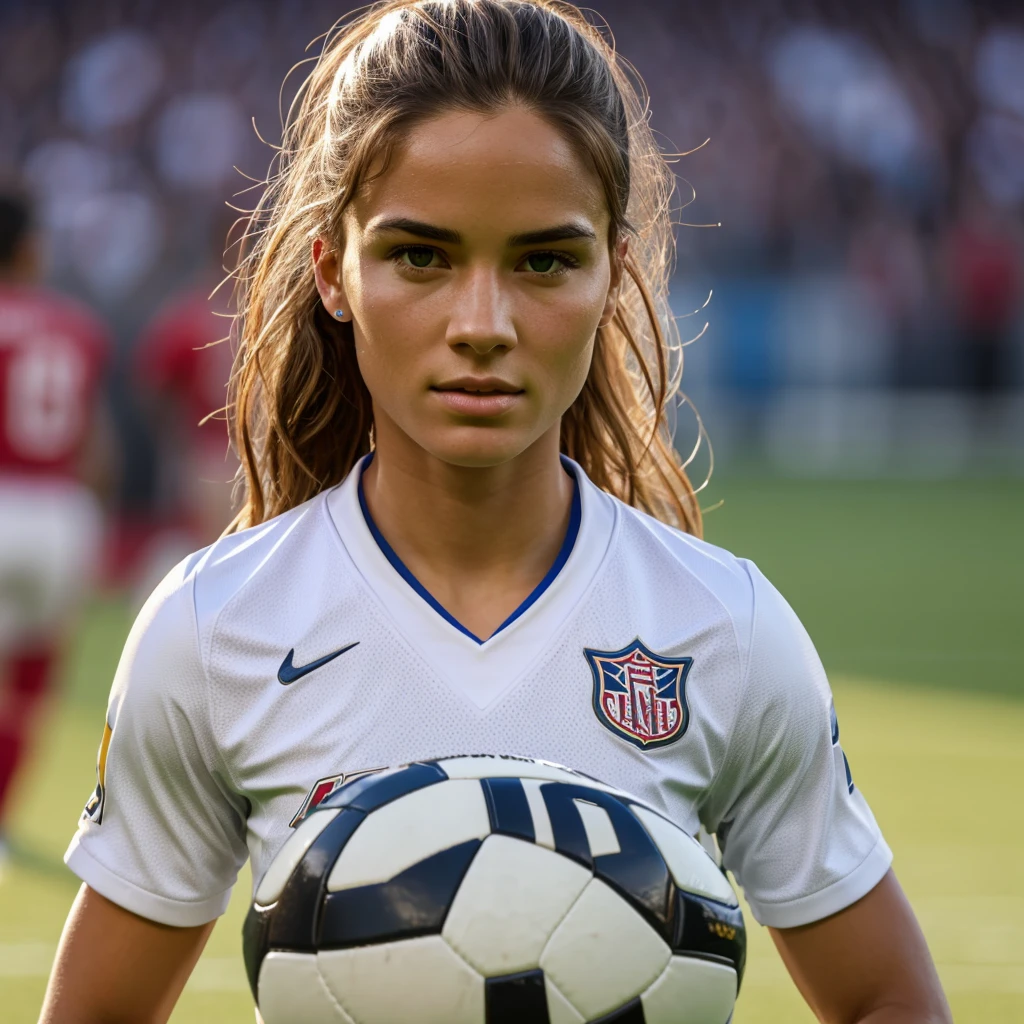 a photo of Gigi Haidd, wearing a soccer uniform, on a field, half body, best quality <lora:gigihadid_SDXL:0.8>