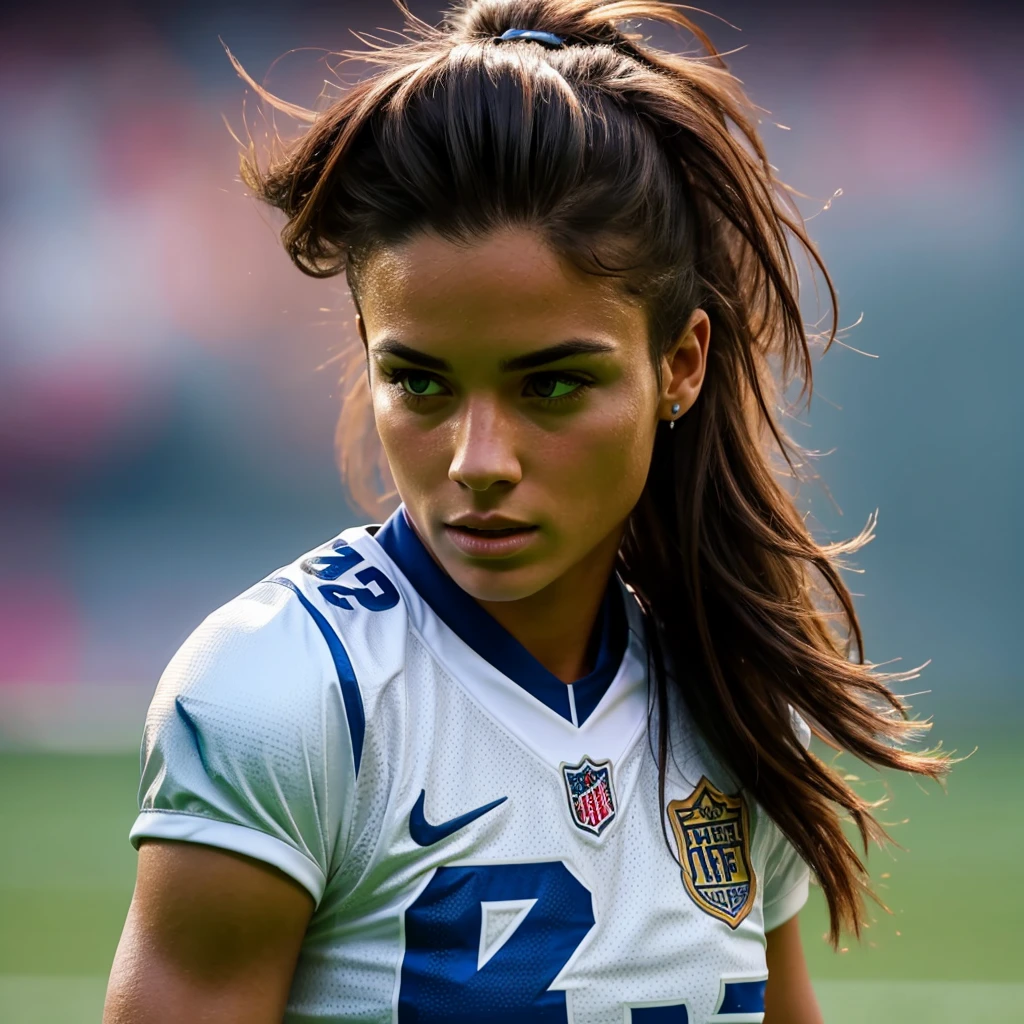 Generate me the most beautiful female football player of all time from around the world very detailed ultra realistic in 8k full details
