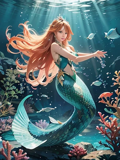 (best quality,ultra-detailed,photorealistic),blue water,sparkling scales, flowy hair, underwater world, colorful coral reefs, ethereal lighting, dreamy atmosphere, fantasy theme, mystical creatures, magical powers, enchanting melodies, mesmerizing beauty, graceful movements, captivating expressions, surreal landscape, peaceful serenity, magical mermaid tails, elegant tiaras, long flowing dresses.