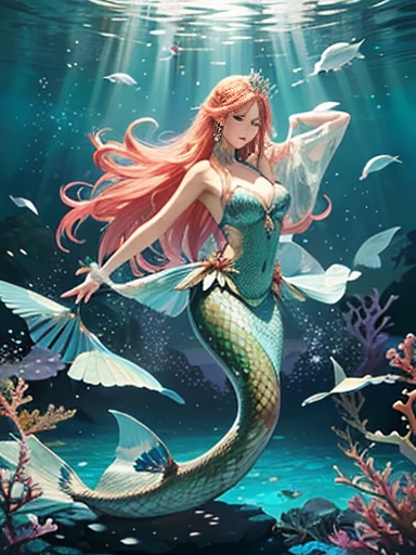 (best quality,ultra-detailed,photorealistic),blue water,sparkling scales, flowy hair, underwater world, colorful coral reefs, ethereal lighting, dreamy atmosphere, fantasy theme, mystical creatures, magical powers, enchanting melodies, mesmerizing beauty, graceful movements, captivating expressions, surreal landscape, peaceful serenity, magical mermaid tails, elegant tiaras, long flowing dresses.