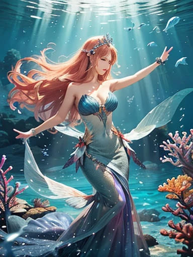 (best quality,ultra-detailed,photorealistic),blue water,sparkling scales, flowy hair, underwater world, colorful coral reefs, ethereal lighting, dreamy atmosphere, fantasy theme, mystical creatures, magical powers, enchanting melodies, mesmerizing beauty, graceful movements, captivating expressions, surreal landscape, peaceful serenity, magical mermaid tails, elegant tiaras, long flowing dresses.