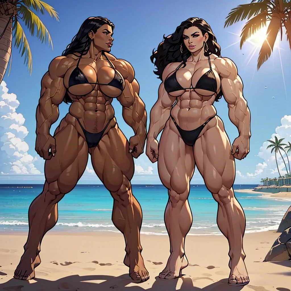 picture of a woman ((stunningly beautiful 20 yo woman, pale white skin, long raven-black curly hair, extremely muscular woman, stylish tiny microbikini, shredded abs, strong well defined muscle, powerfull bulky physique of a bodybuilder, perfect and flawless musculature, great muscle definition, graceful yet powerful physique, steel-hard musculature, standing on the beach, shining sun and palm trees, stunningly beautiful 8 feet tall woman)), an average 5 ft tall woman is standing next to her