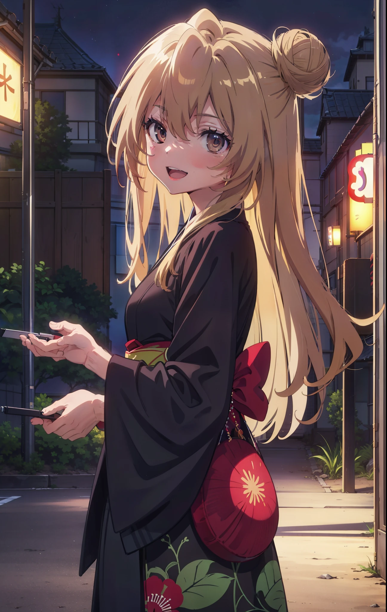 taiga aisaka, taiga aisaka, Long Hair, Brown Hair, Brown eyes,happy smile, smile, Open your mouth,Squint your eyes,Hair Bun, single Hair Bun,Black kimono,Thick sleeves,日本のfestival,夏festivalの屋台,Red lantern,night,night空の花火,Fireworks,The place is a fireworks display,時間はnightです,sunny day,turn around,As if your whole body is in the illustration,Walking, break looking at viewer, Upper Body, (Cowboy Shot:1. 5),
break outdoors, festival,shrine,
break (masterpiece:1.2), Highest quality, High resolution, unity 8k wallpaper, (shape:0.8), (Beautiful attention to detail:1.6), Highly detailed face, Perfect lighting, Highly detailed CG, (Perfect hands, Perfect Anatomy),