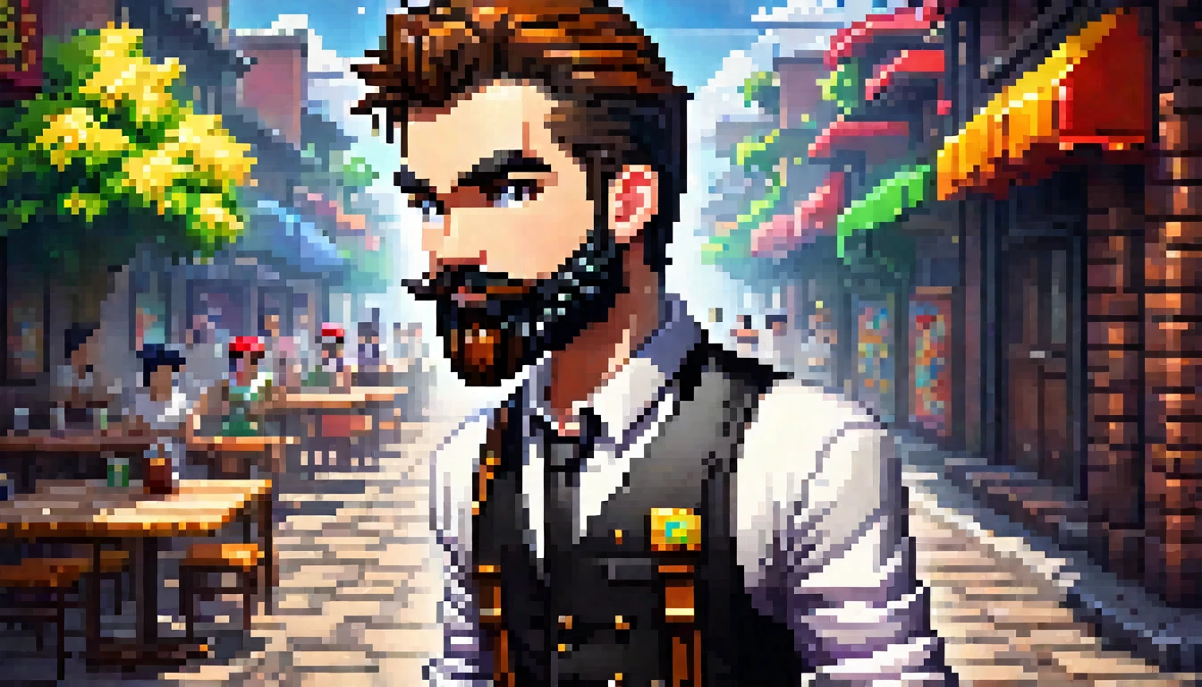 a cute 8 bit pixel art character, 1 person, wearing white shirt, black pants, detailed beard, pixelated, video game style, character design, 3d render, high detail, vibrant colors, (best quality,4k,8k,highres,masterpiece:1.2),ultra-detailed,(realistic,photorealistic,photo-realistic:1.37),cinematic lighting,volumetric lighting,dramatic shadows,studio lighting,clean rendering,stylized