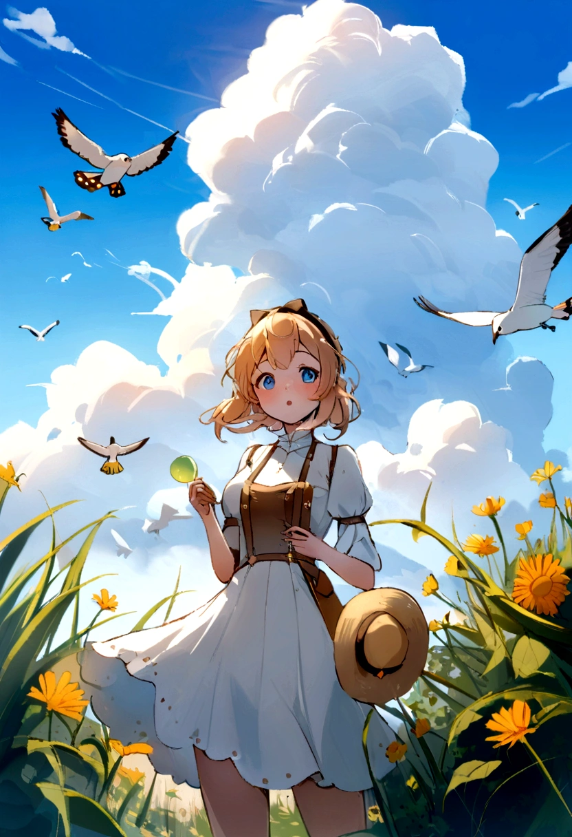 head of'artwork, best quality, 1fille, bird, mouette, sky, nuvens, polka_point, bleu_sky, bare, nuvensy_sky, bogue, butterfly, jour, flush, troupeau, En plein air, Abigaïl
