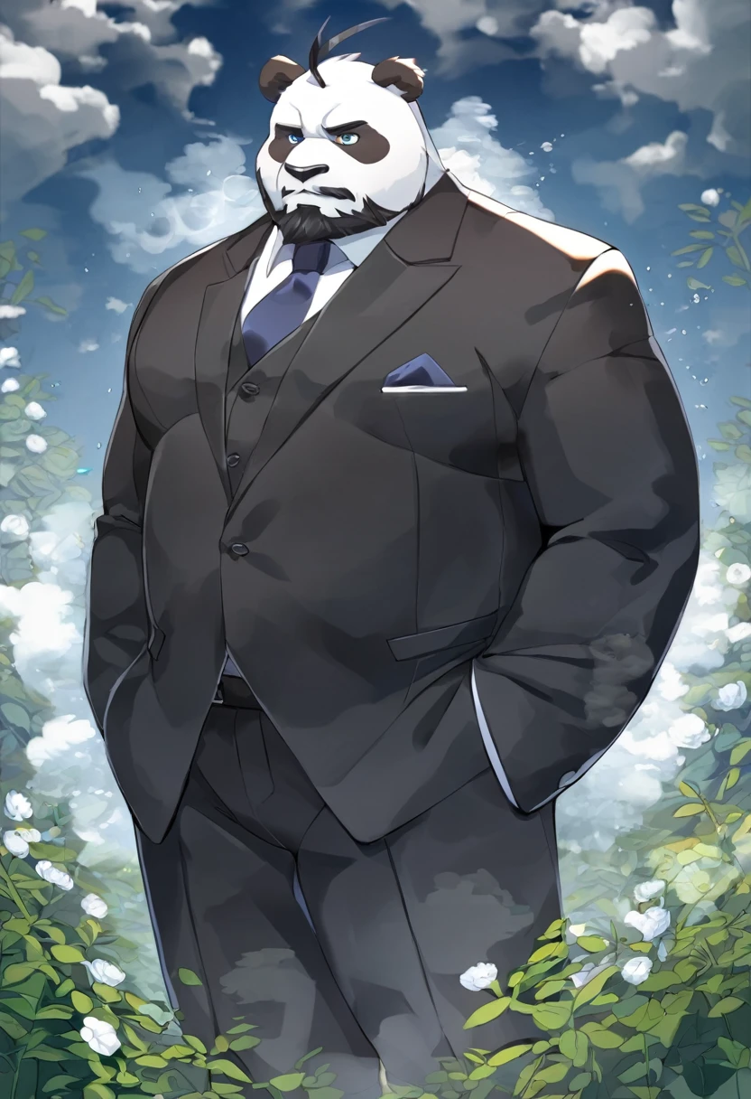 panda,personification,Mature male,Strong Man,Black beard,Cold expression,Blue pupils,Black eyebrows,Black suit suit,Hands in pockets,The Age of Steam,garden。