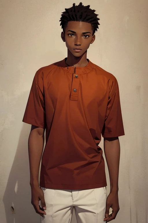 a young African man with short brown hair and orange eyes , Medium clothes