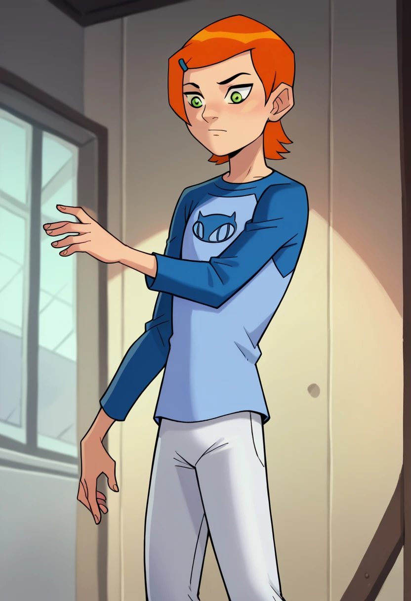 (masterpiece, best quality), 1girl, solo,orange hair,short hair,green eyes ,blue shirt,raglan sleeves,long sleeves,white pants