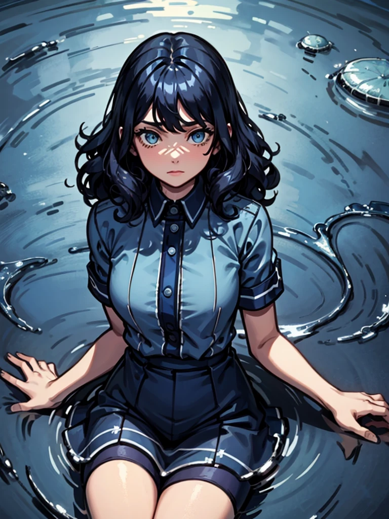 girl，Dark blue hair，curls，Water Element，Blue clothes，cute，Fair