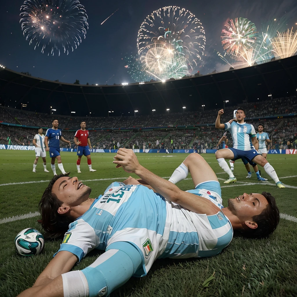 The Italian football team lifts the world cup in the 2026 FIFA World Cup, in the background everyone is celebrating, Argentina players with the white and light blue uniform crying while lying on the grass of the football field. In the stands fans dressed up for Italy and in the sky at night with fireworks