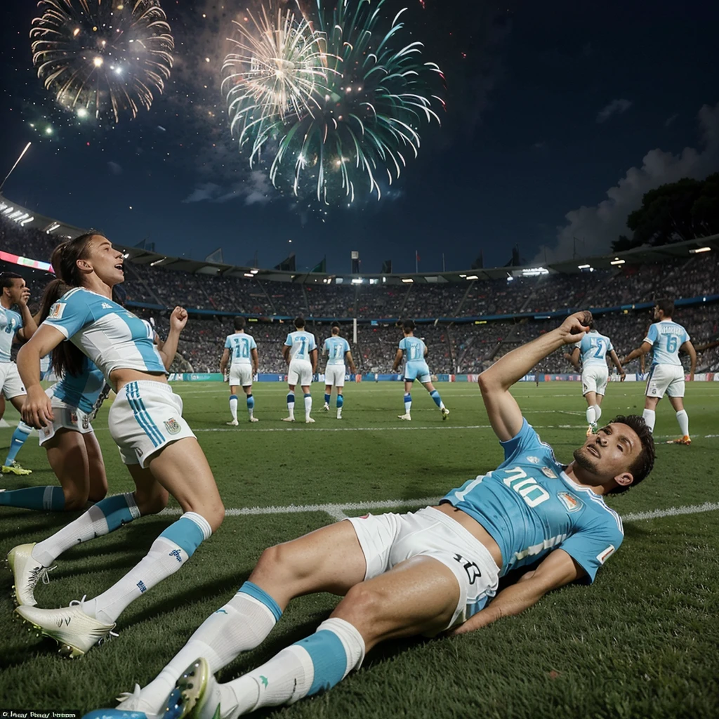 The Italian football team lifts the world cup in the 2026 FIFA World Cup, in the background everyone is celebrating, Argentina players with the white and light blue uniform crying while lying on the grass of the football field. In the stands fans dressed up for Italy and in the sky at night with fireworks