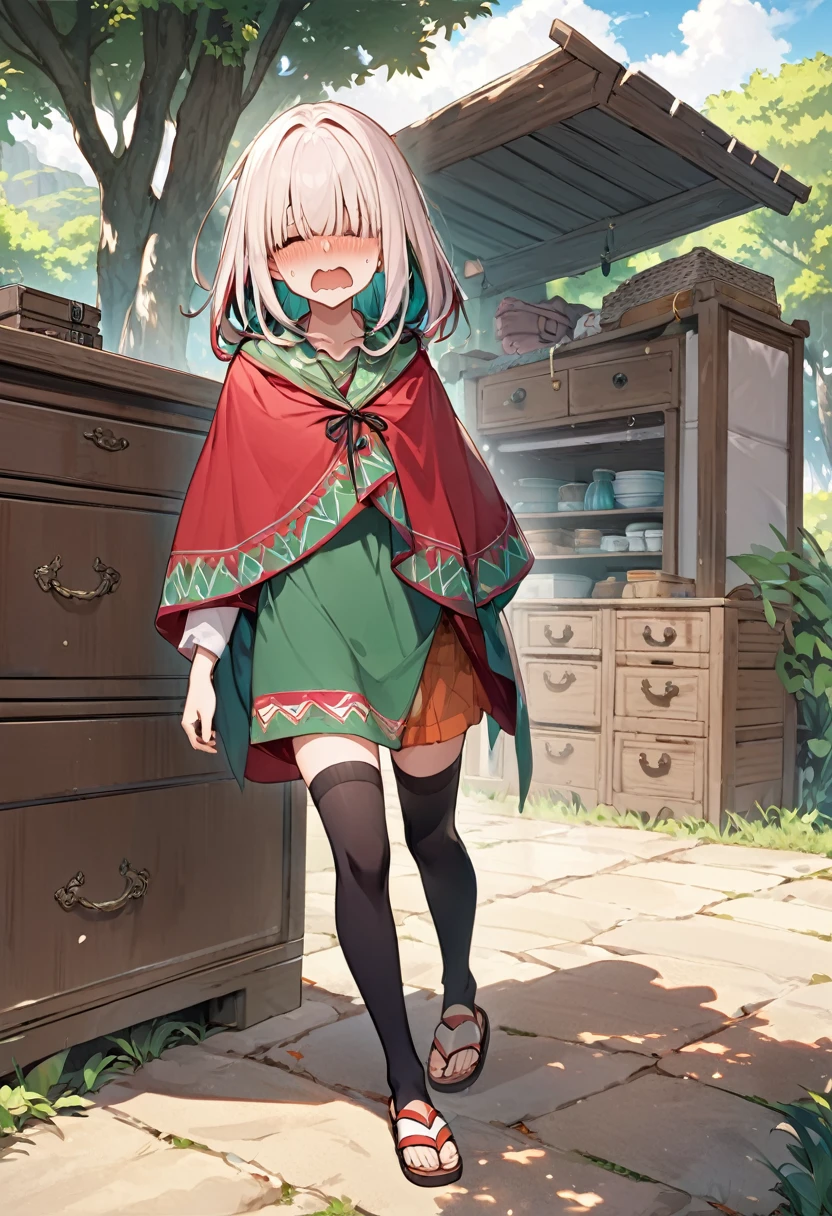 BREAK Perfect Anatomy、(High resolution:1.2)、Incredible illustrations、(Cute illustrations:1.2)、(Beautiful background(bushes in the park)) 1little girl((multicolored hair,((bangs over eyes)), ,)1girl((a girl,elf 1.5meters, 25kg,18 years old female, ((tunic,poncho,drawer,asymmetric thigh-high socks, sandals),tilting head,anguish