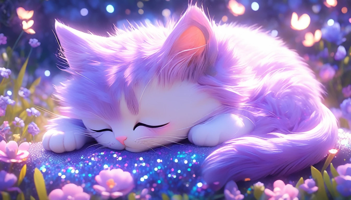 side view, oversaturate, colorfully, Fairytale, dreamlike, Cinematic character render, oil painting, 3D, 8k resolution, sequins, glitter, lavender garden, bright moonlight, Close up Portrait adorable chibi kawaii anthropomorphic kitten sleeping,