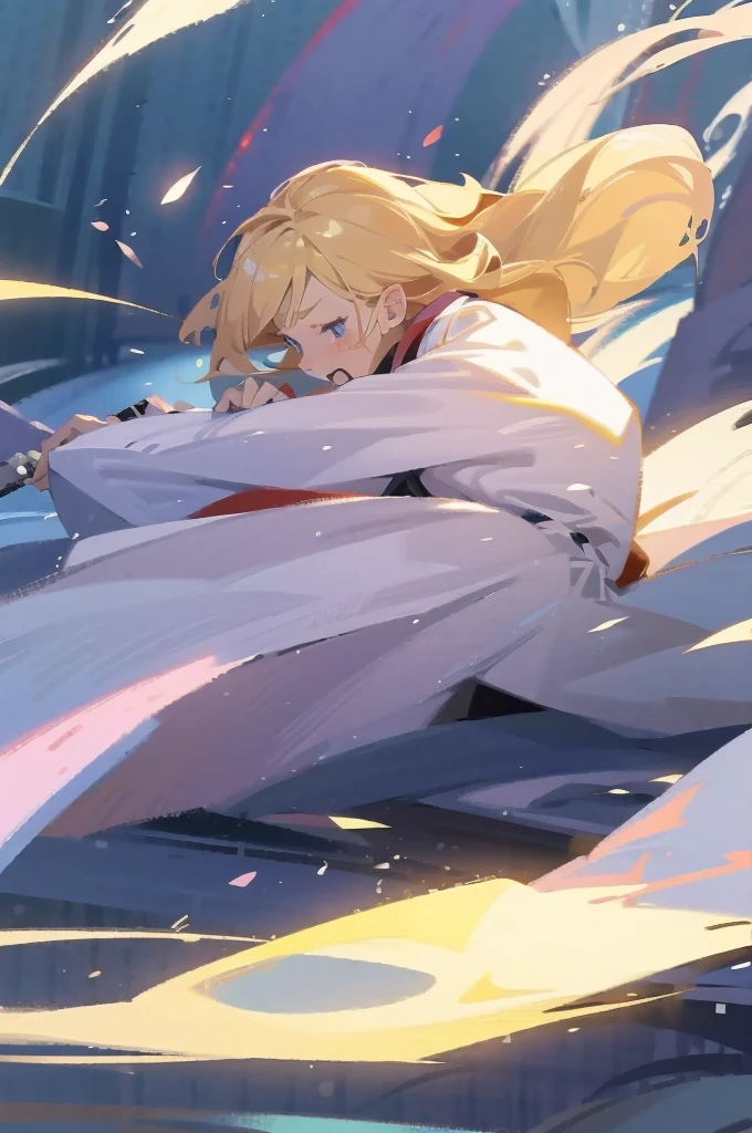 have a blonde waifu finishing an attack with a large samurai sword leaning forward and one leg forward too