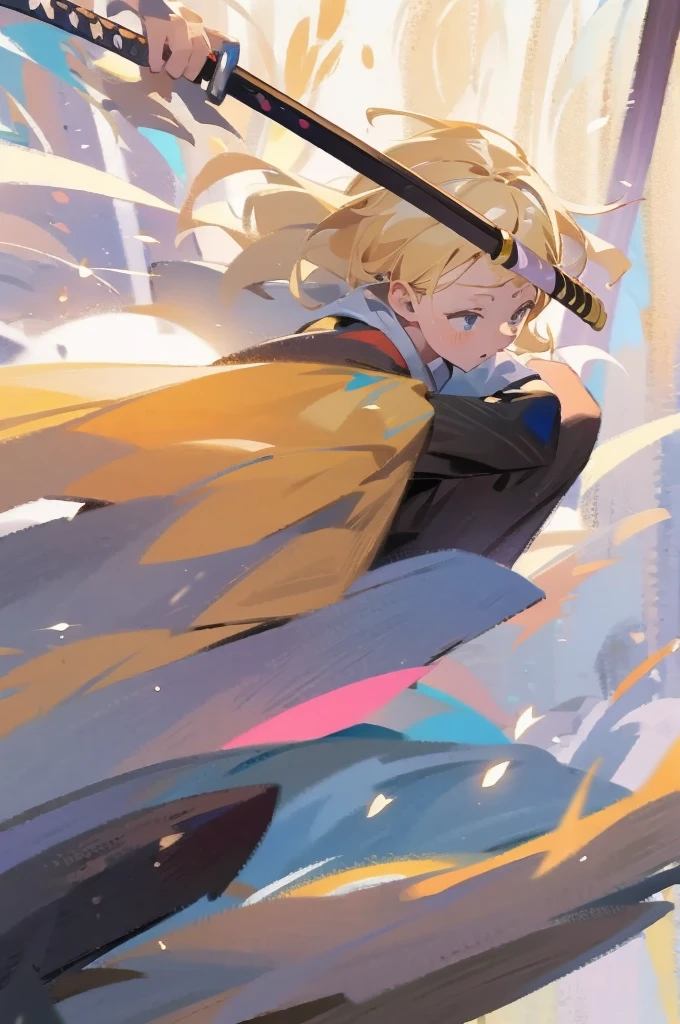 have a blonde waifu finishing an attack with a large samurai sword leaning forward and one leg forward too