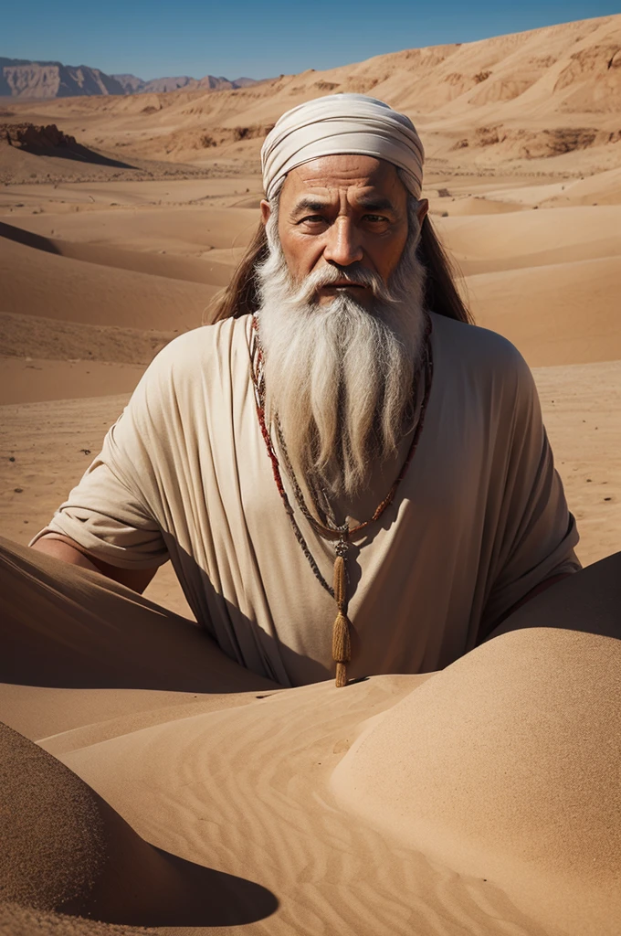 Create image of Moses with the 10 commandments praying for the people in the desert.