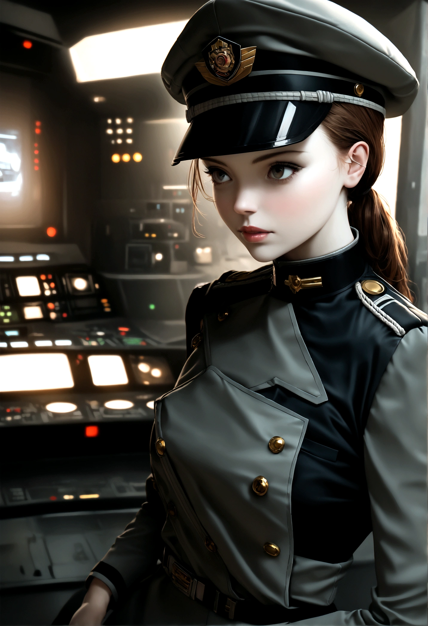 fashion photography of pretty girl in olive gray imperialofficer uniform and hat with brim, curly brown hair in small ponytail, smooth pale white skin, sci-fi Death Star control room, sharp focus, dlsr, ultra sharp, professional Photographer, film grain, very detailed skin texture, photorealistic, no makeup