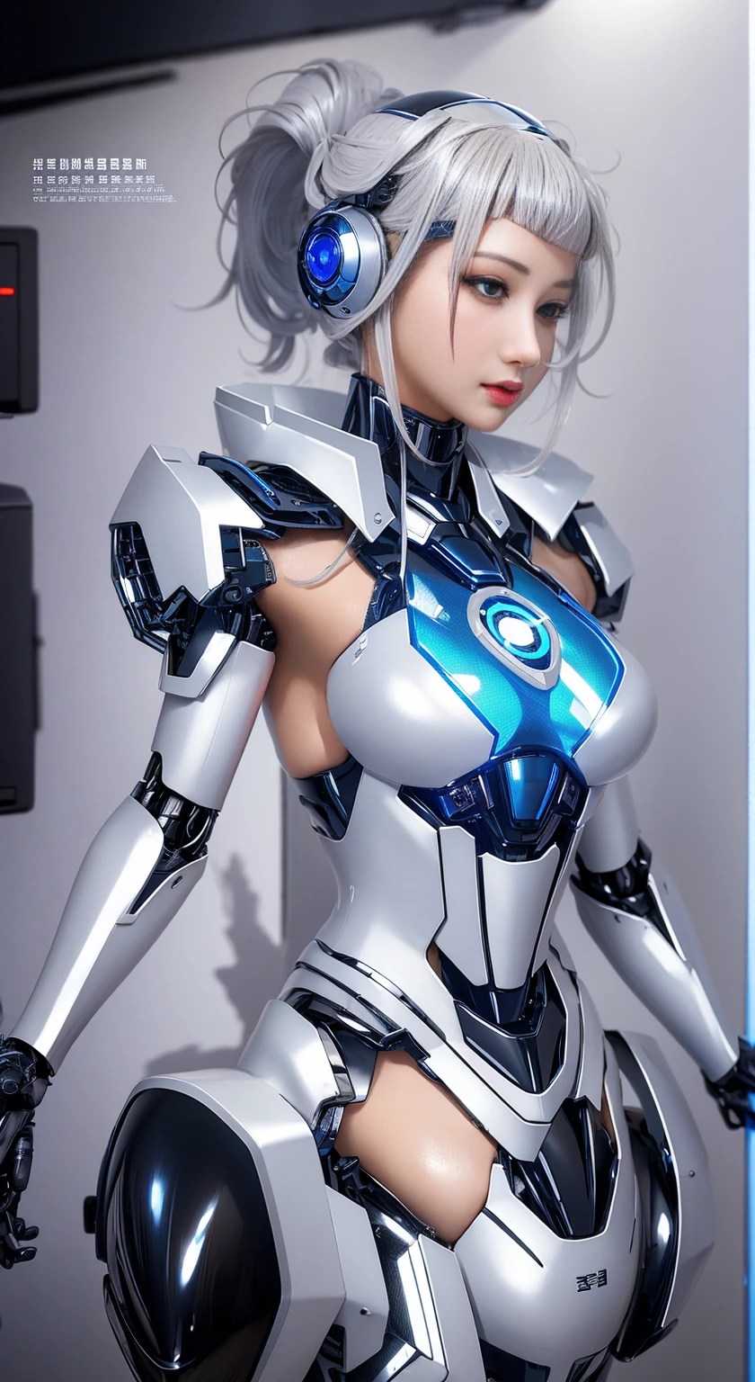 Jay super details, High Detail, high quality, best quality, High resolution，1 female robot，Beautiful female robot,beautiful clear face(Rain waves_haneame：1.5),Mechanical body(Smooth metal surface，armor，Mechanical seams of skin，beautiful body curves)，High-tech mechanical armor(silver，Mechanical Technology，Highlight breast contour)